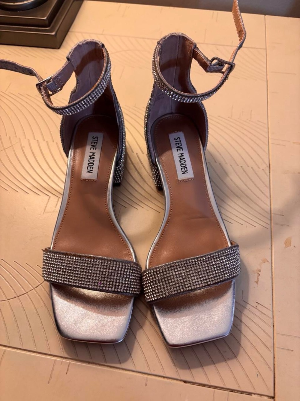 Steve Madden Silver Crystal-Embellished Block Heel Sandals